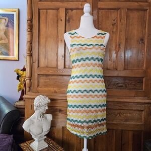 ALWAYS Stylish Green, Yellow & Orange Crocheted Zigzag Patterned Dress. V Neck